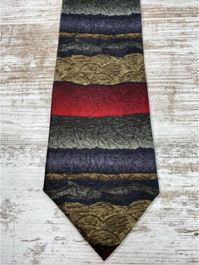 Vintage Jimmy Z 100% Silk Tie Abstract Striped Navy Burgundy Olive Gray 58”